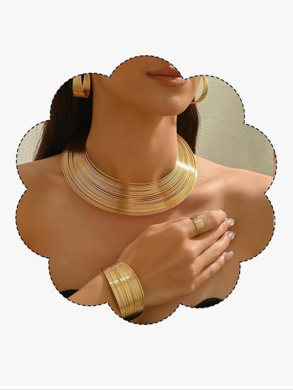 Gold Multi-Layer Collar Necklace and Bracelet Set - Women Jewelry